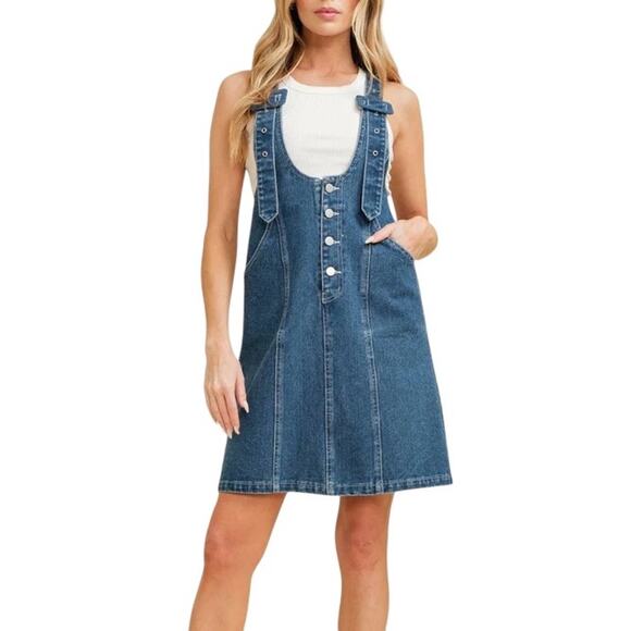 Cloud Ten Blue Denim Overall Casual Cotton Mini Dress Women’s Size Medium NWT - Picture 1 of 9